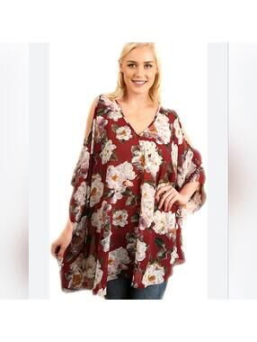 Umgee Red White Floral Cold Shoulder V-Neck Chiffon Tunic Top Plus Size 1XL